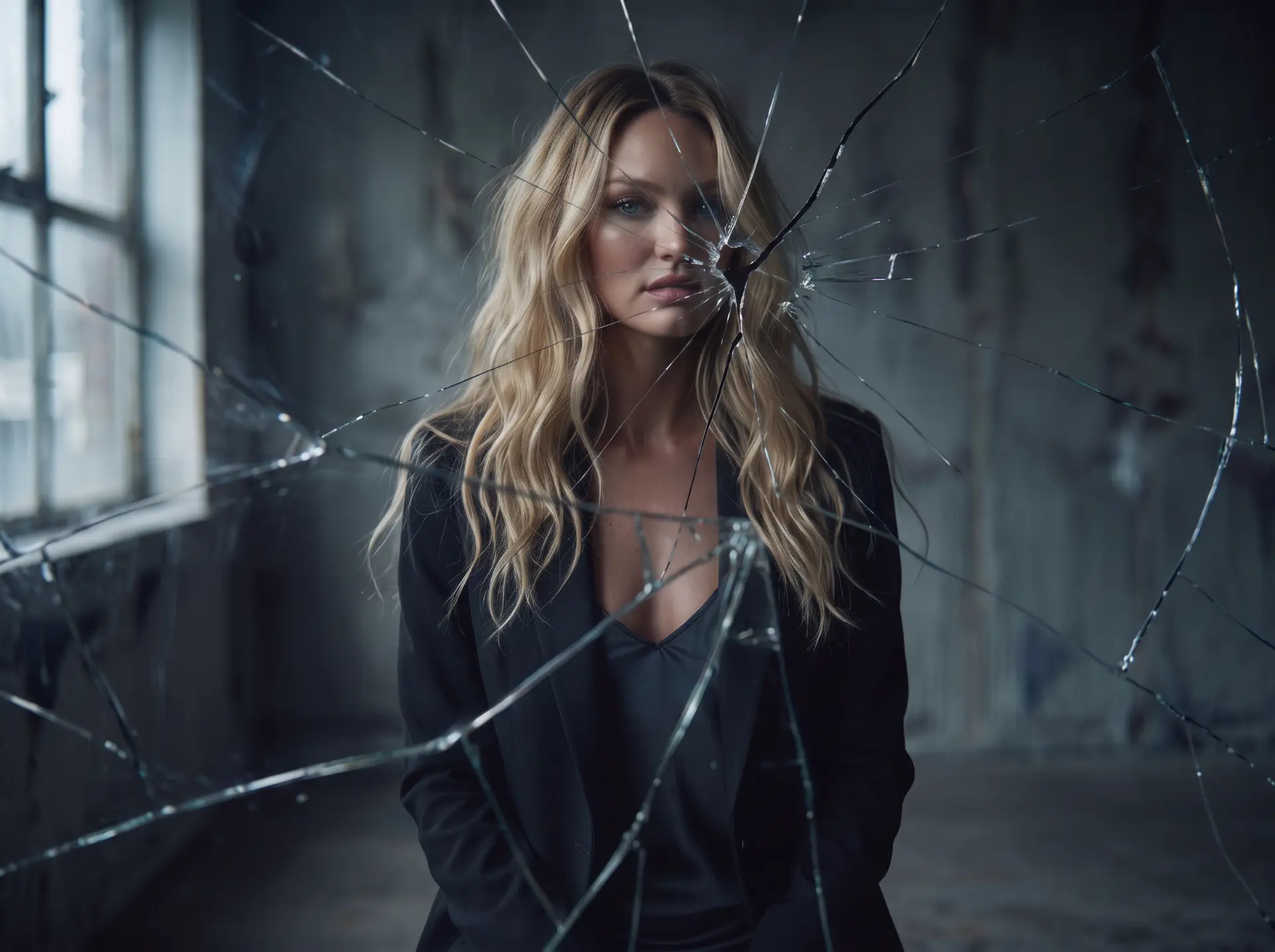 Haylie Ferguson photographed through a pane of shattered glass in a dim concrete room
